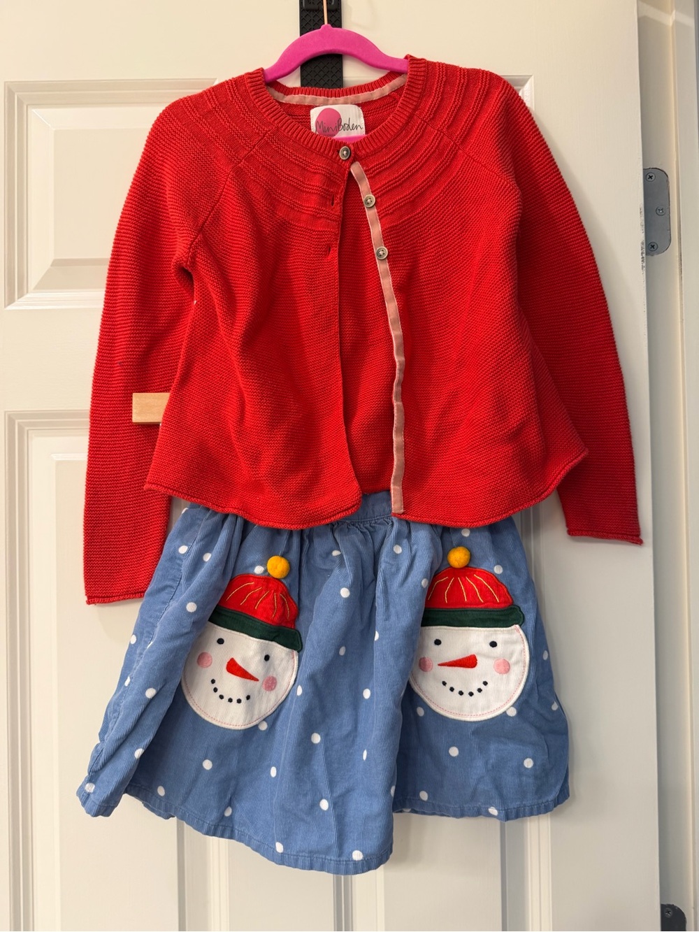 Mini Boden Snowman Skirt & Red Cardigan